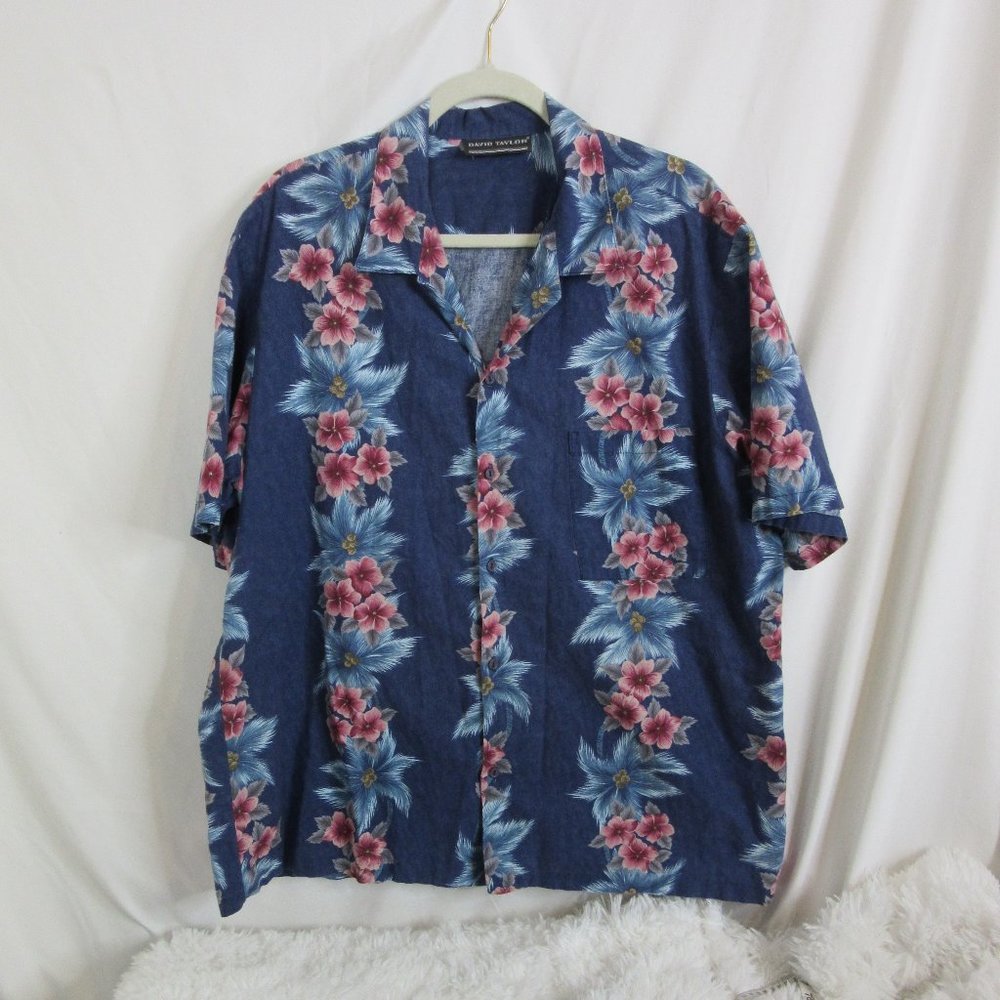 David Taylor Shirt Short Sleeve Button Down Blue with Hawaiian Flowers Size XXL